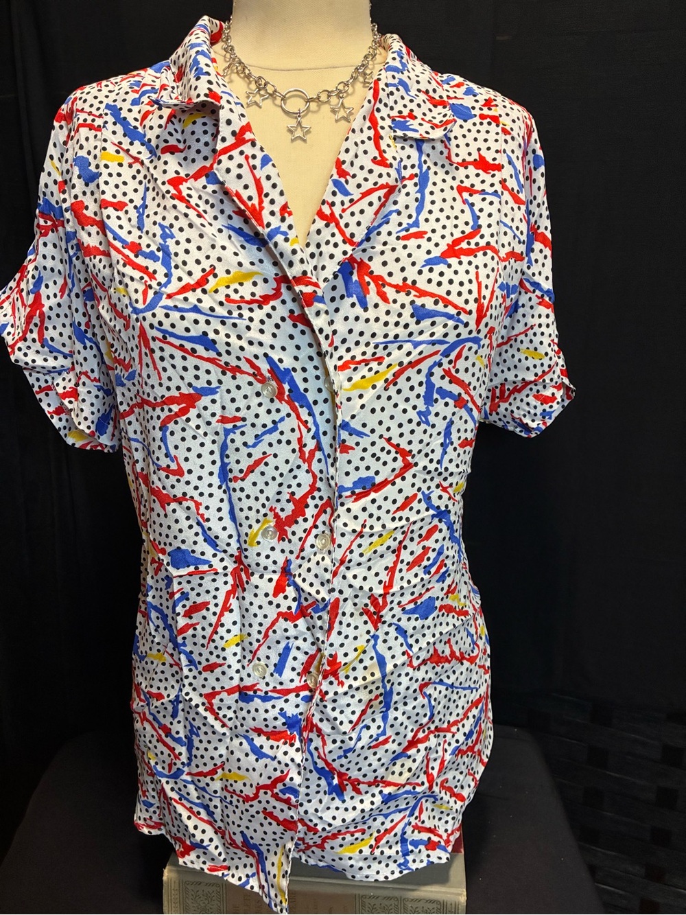 Women's Short-Sleeve Button-Down Shirt - White with Red & Blue Abstract Print